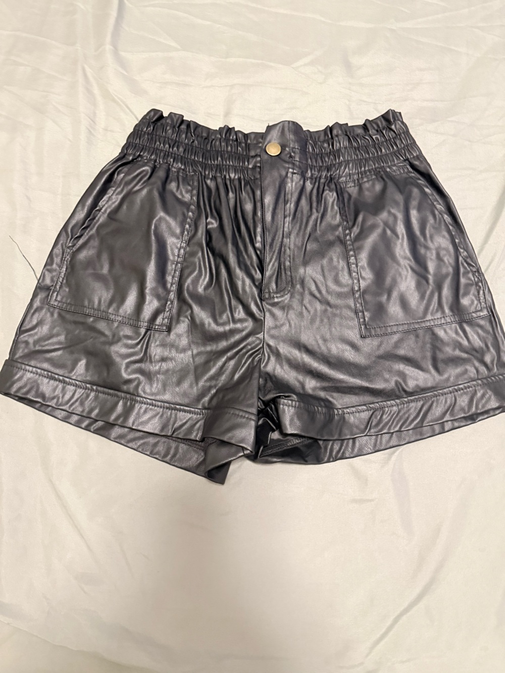 High-Waist Black Faux Leather Paperbag Shorts